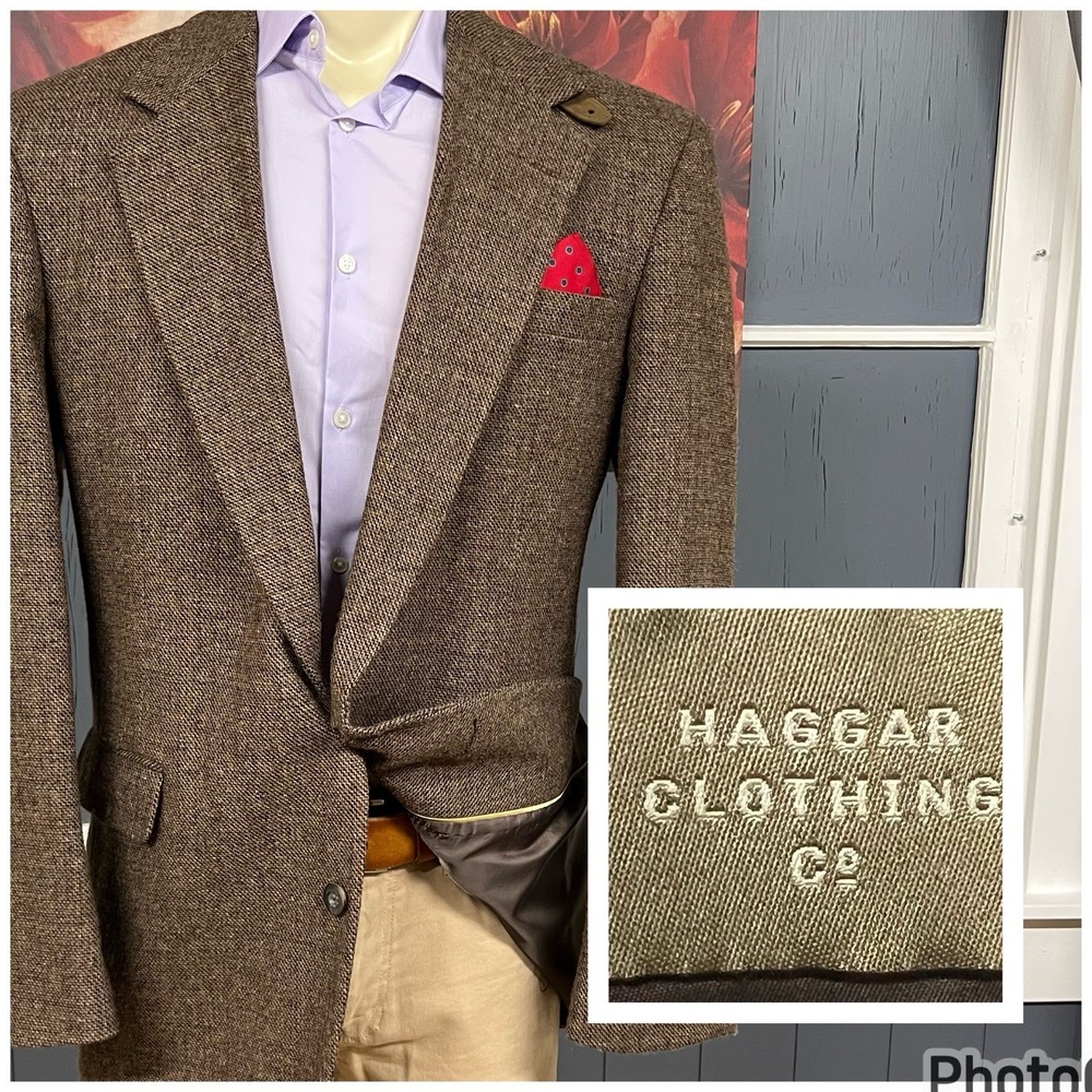 Vintage Haggar Tweed Blazer Sport Coat Mens 44L Long Wool Brown Chevron